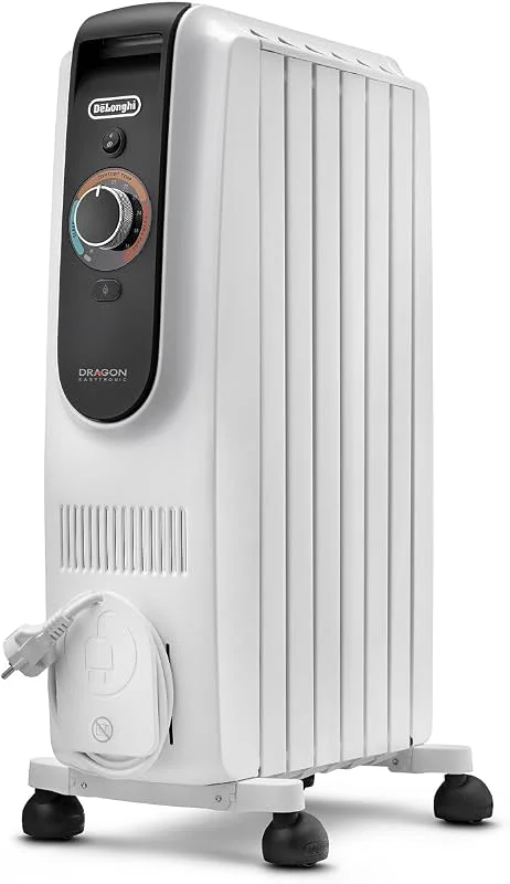 De'Longhi Dragon EasyTronic Radiador de óleo para estações de até 45 m³, aquecedor elétrico com termostato de segurança, 6 barbatanas, aquecimento com 12 níveis, portátil, 1500 W, branco (TRD50615)