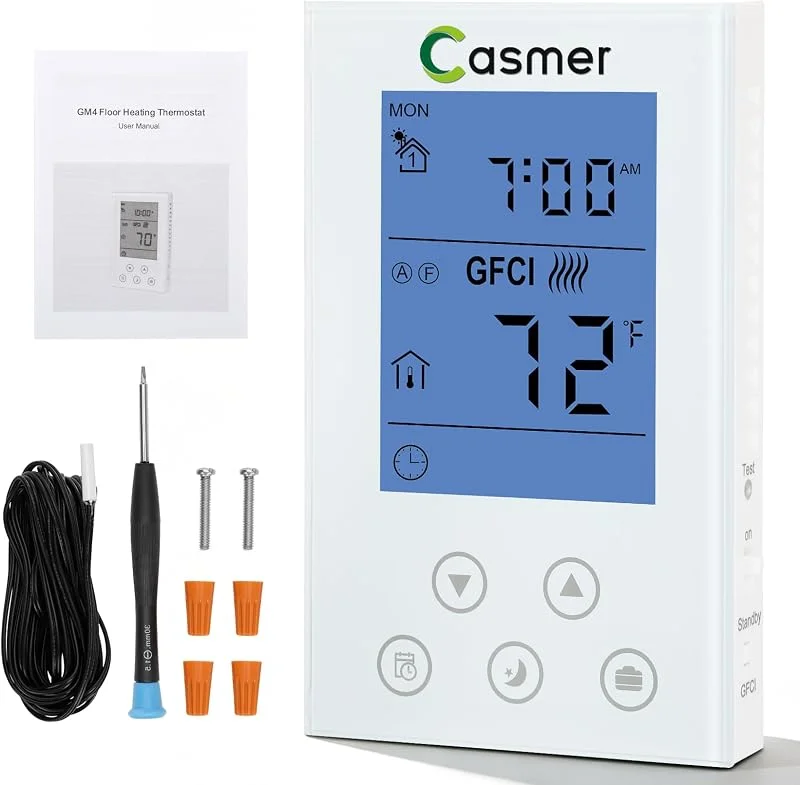 Termostato programável para aquecimento radiante de chão radiante de casa, termostato de piso radiante, tensão CA adaptável (120, 240 V), detecção dupla (sensor de ar e piso) GFCI de classe A
