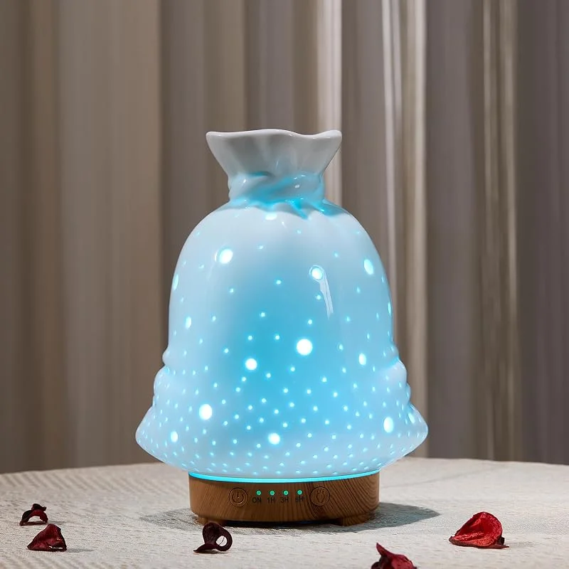 Difusor de cerâmica para óleos essenciais, saco da sorte, difusor de aromaterapia, humidificador ultrassónico de névoa fria com modos de névoa intermitente, sem água, desligamento automático para