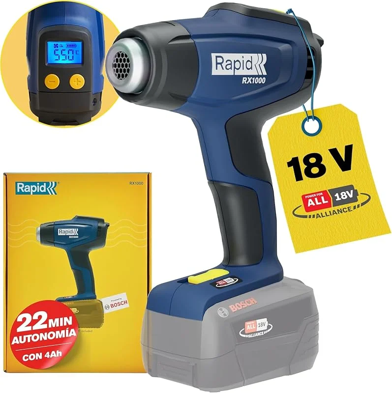 Rapid RX1000 Pistola de ar quente com sistema de 18 V Power for All, calor regulável até 550 °C, ecrã LCD, aquecimento rápido, 2 fluxos de ar, sem bateria