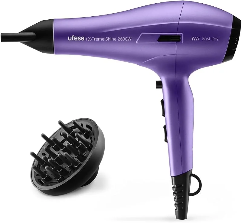 Ufesa Secador de cabelo profissional X-Treme Shine 2600W, motor AC, tecnologia iónica, sem crespamento, revestimento de óleo de argão, inclui difusor e concentrador, 2 velocidades, 3 temperaturas