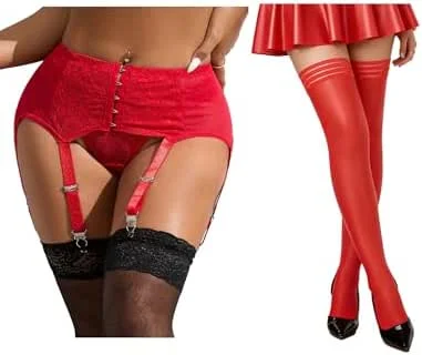 comeondear Medias Mujer Sexy Cuero PU Rojo, XS-M y Ligueros Sexy para Mujer con 6 Clips de Cintura Alta Rojo, XS-S — Roupa aquecida