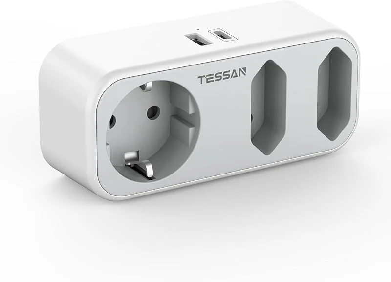TESSAN Tomadas de latão, 5 em 1 tomada múltipla com 1 USB C e 1 USB A — Aquecimento