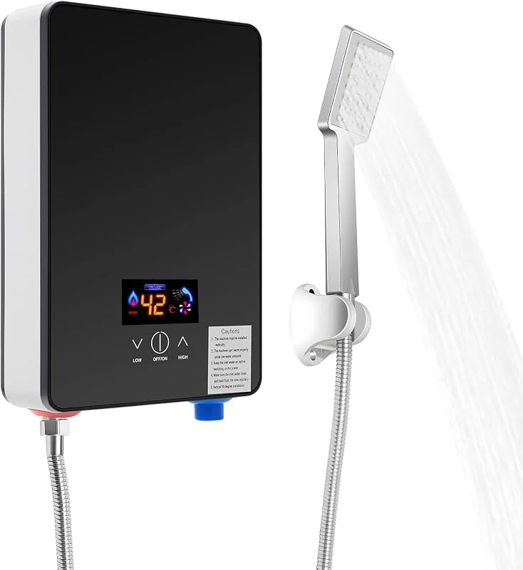 Aquecedor de água, aquecedor de água elétrico, ecrã digital com de duche, aquecedor de água elétrico sem reservatório, temperatura ajustável, 30-60 °C, 220 V, 6500 W (preto) — Aquecimento
