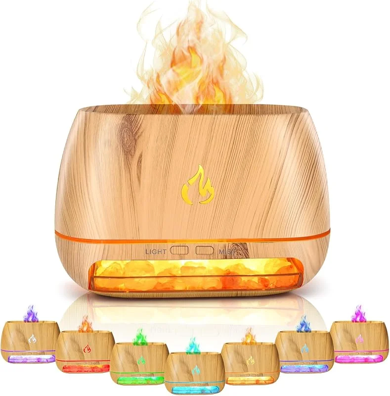 Difusor de óleo essencial de chama, difusor de aromaterapia de 7 luzes coloridas e lâmpada de rocha de sal rosa do Himalaia, desligamento automático sem água, humidificador de ar super silencioso para