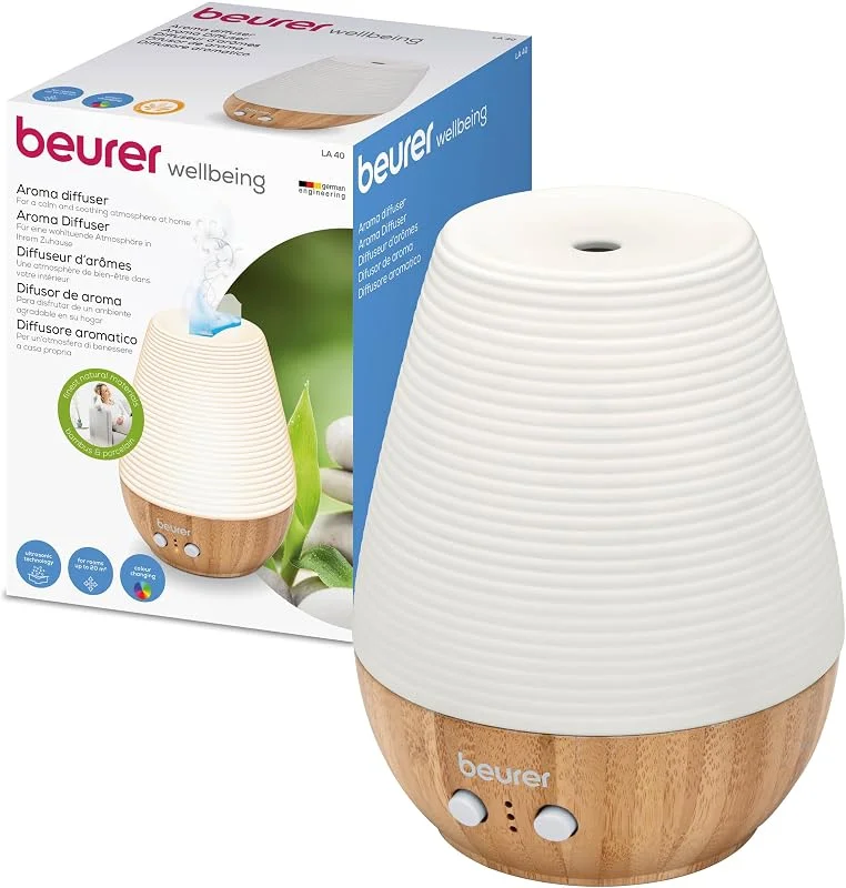 Beurer LA 40 Difusor de óleos essenciais, 180 ml, difusor de aromas ultrassônico com luz de bem-estar com 6 cores e mudança de cor, de madeira e porcelana, para ambientes de até 20m2 — Humidificador