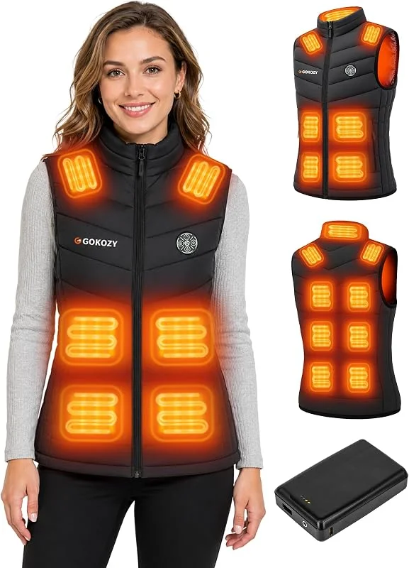 Gokozy Chaleco térmico para mujer con batería de 7.4 V 16000 mAh, calefacción inteligente 4 en 1 de 15 zonas, lavable a máquina, calentador corporal ligero para senderismo de invierno y trabajo al — Roupa aquecida