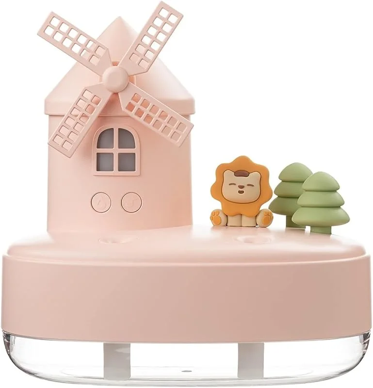 Humidificador de aire molino viento 650ml, humidificador escritorio silencioso con luz LED y música encantadora, adornos decoración(Pink)