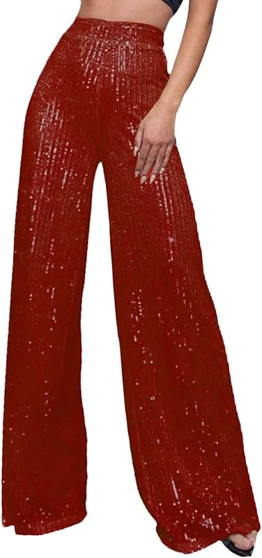 Generisch Pantalones de mujer para el tiempo libre con ribete de lentejuelas, brillante, cintura alta, pierna ancha, ideal para noches de club, ocasiones festivas — Roupa aquecida
