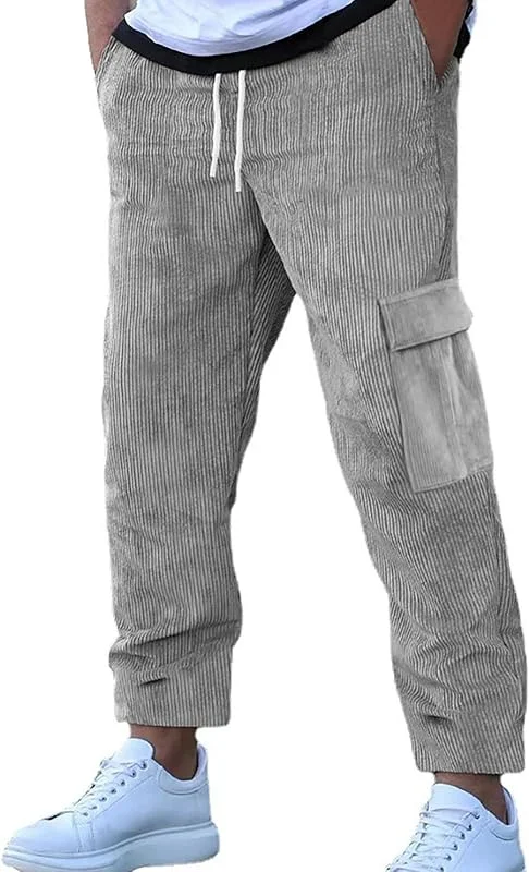 Generico Calções desportivos cargo para homem de veludo com nervuras com cintura elástica para estilo de rua casual — Roupa aquecida