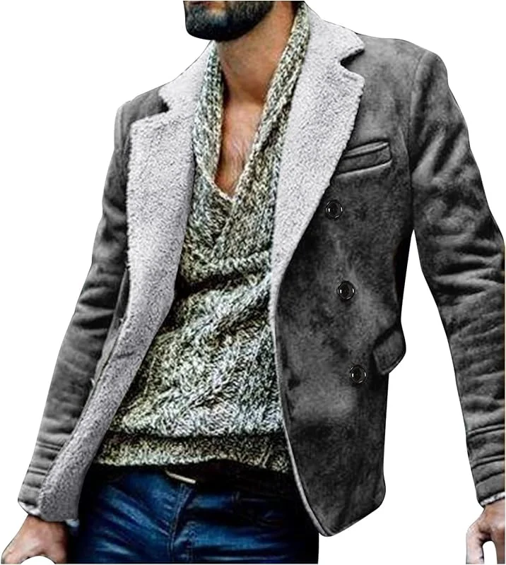 Casaco de forro polar para homem de inverno para homem, tamanho grande, casaco leve de outono, gola de lapela, manga comprida, casaco de couro acolchoado, casaco grosso, casaco de pele de ovelha — Roupa aquecida