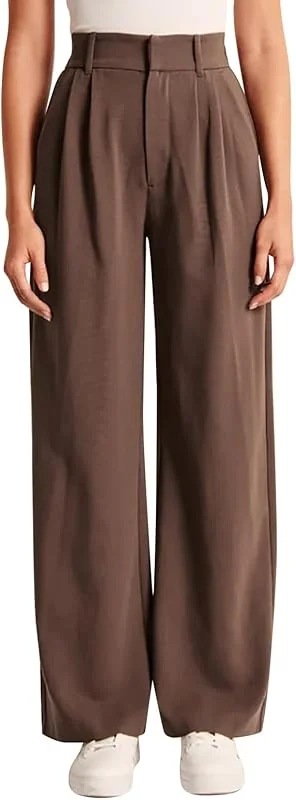 Generisch Pantalones casuales de mujer de pierna ancha de cintura alta como ropa casual con botones a medida con bolsillos prácticos para una elegancia elegante, marrón, L — Roupa aquecida