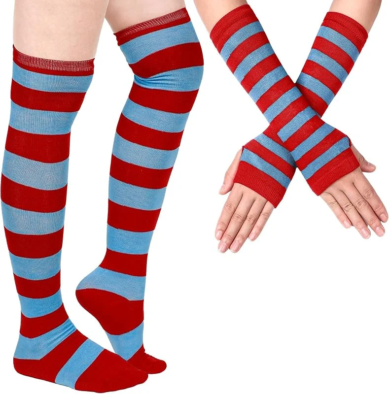 Geyoga Aquecedores de braços, aquecedores de pernas, meias altas às riscas, luvas sem dedos, meias de Natal, Halloween — Roupa aquecida